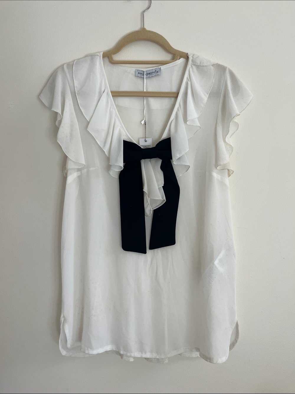Rinascimento White Ruffle Blouse with Black Bow